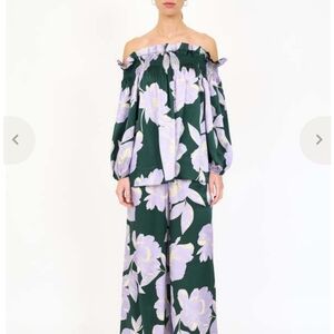 Christy Lynn Purple Green Blossom Regina Off-the-Shoulder Silk Top NWT Size Smal